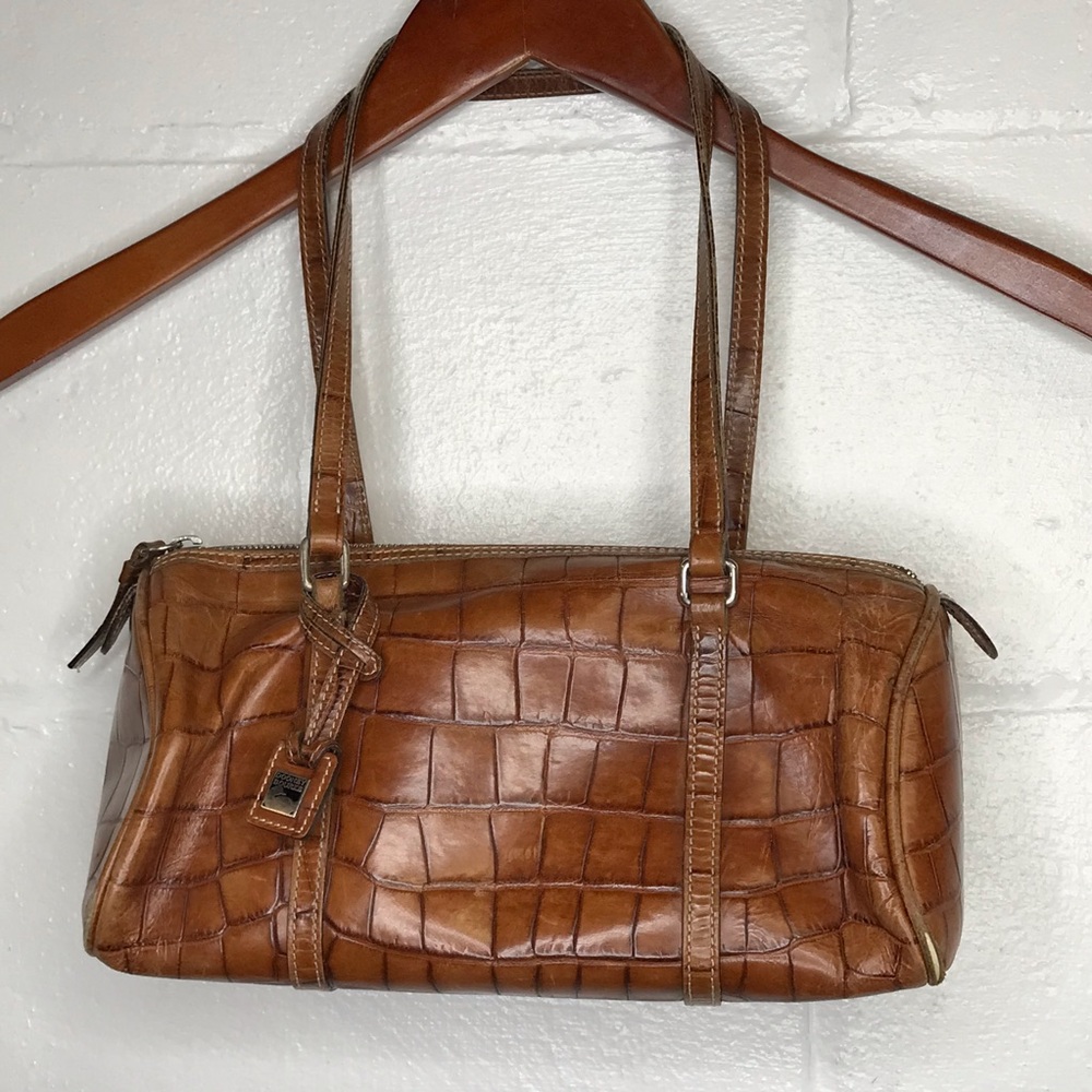 Dooney & Bourke Nile Croc Embossed Leather Barrel Satchel Purse Cognac Brown